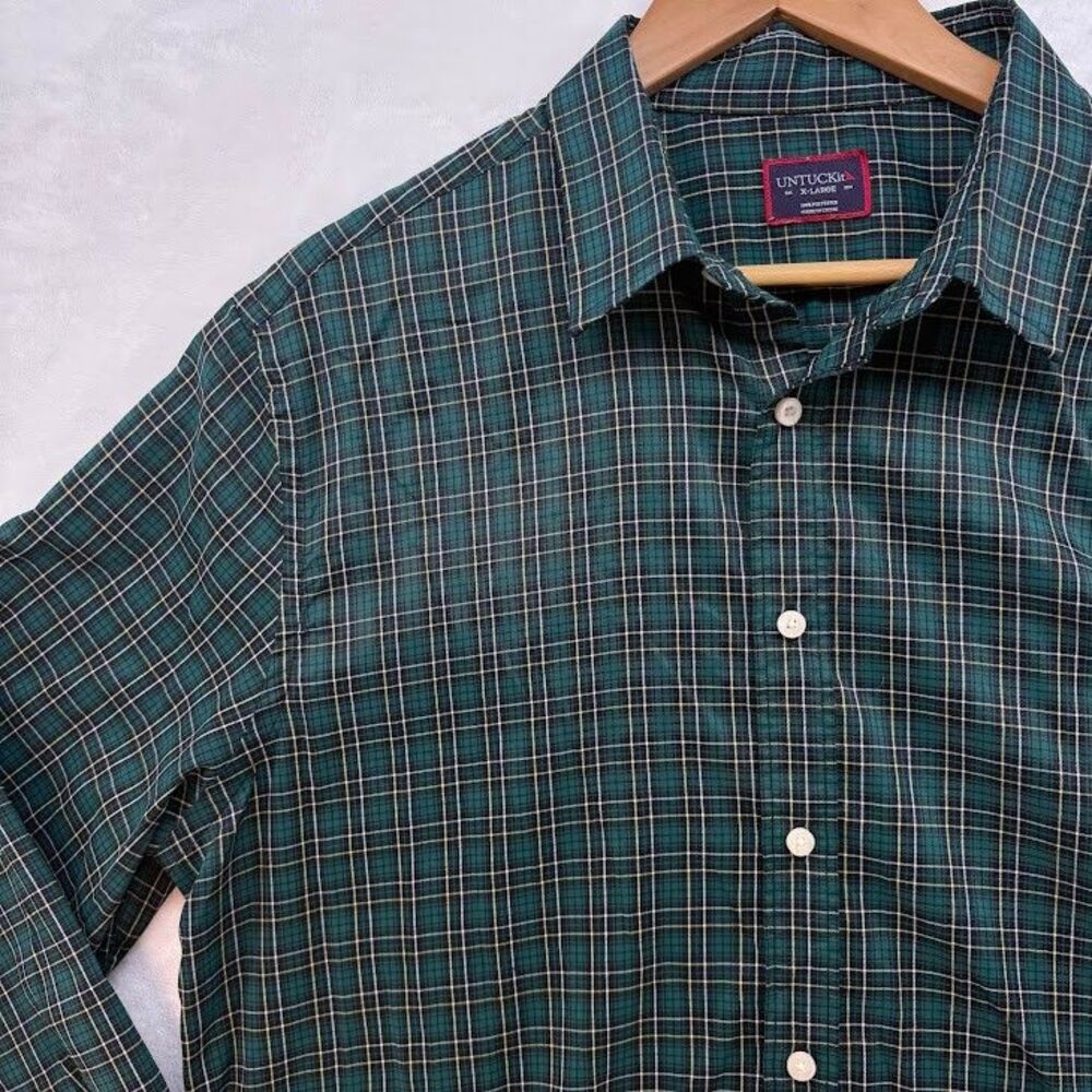 UNTUCKit Button‎ Up Shirt Mens X Large Green Plaid Nylon Stretch Lightweight